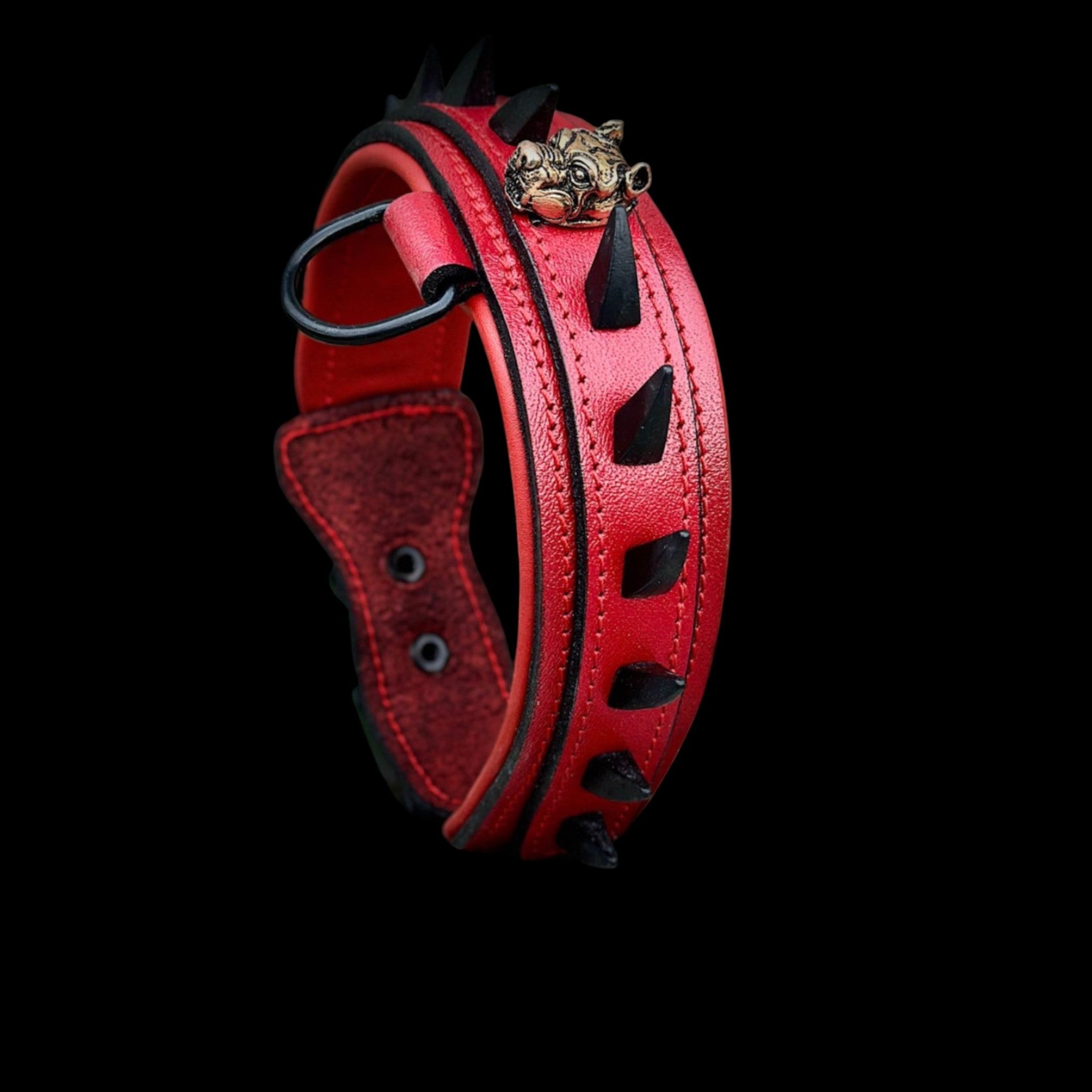 Handcrafted Red Leather Dog Collar – Bully Head Design, Spiked 4cm Wide Strong Collar for Cane Corso, Rottweiler, Doberman, Kangal, American Bully - A&C Dog Collars