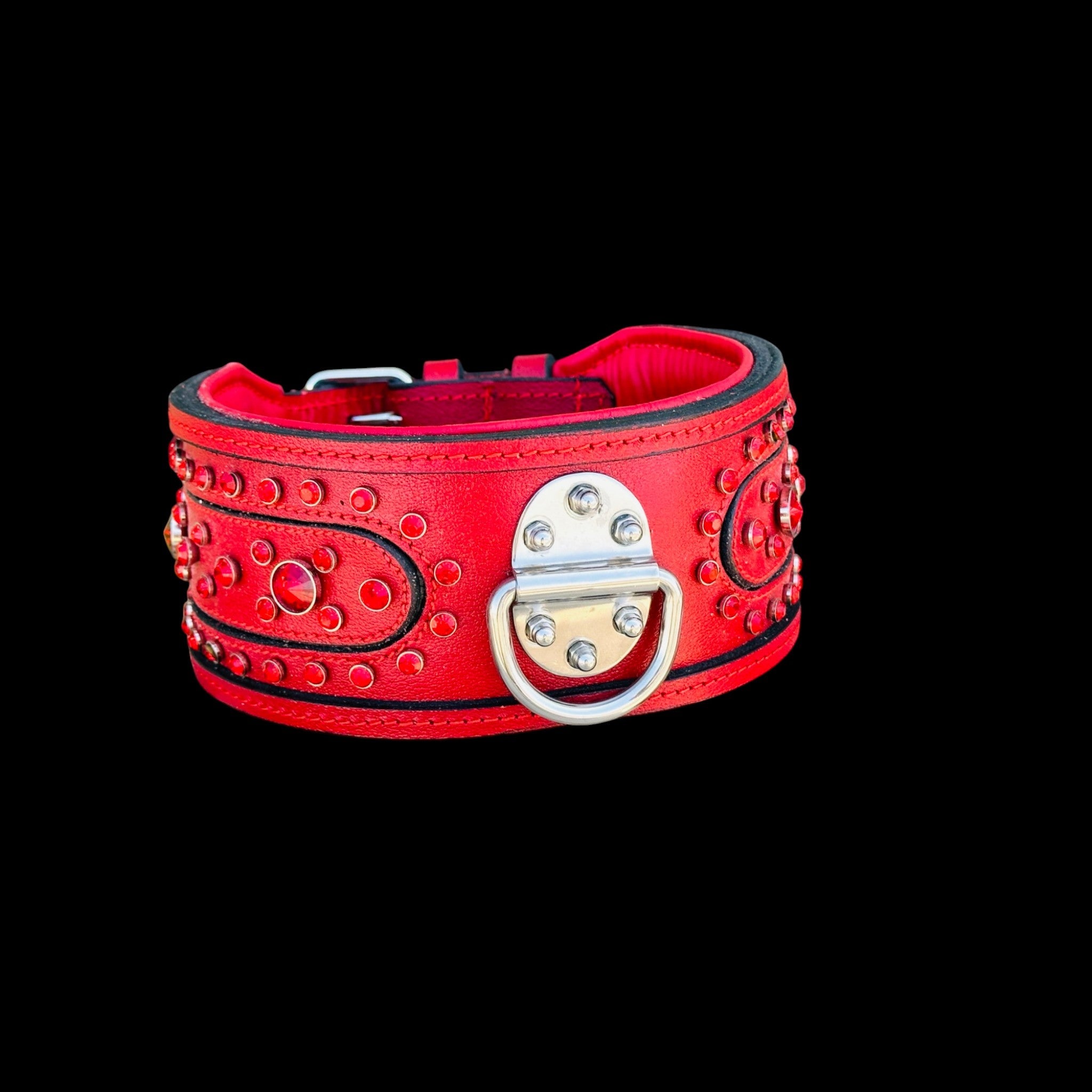 Handcrafted Red Leather Dog Collar – Wide & Thick Crystal Studded - A&C Dog Collars