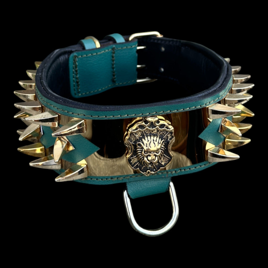 A&C Dog Collars emerald green lion emblem handmade collar
