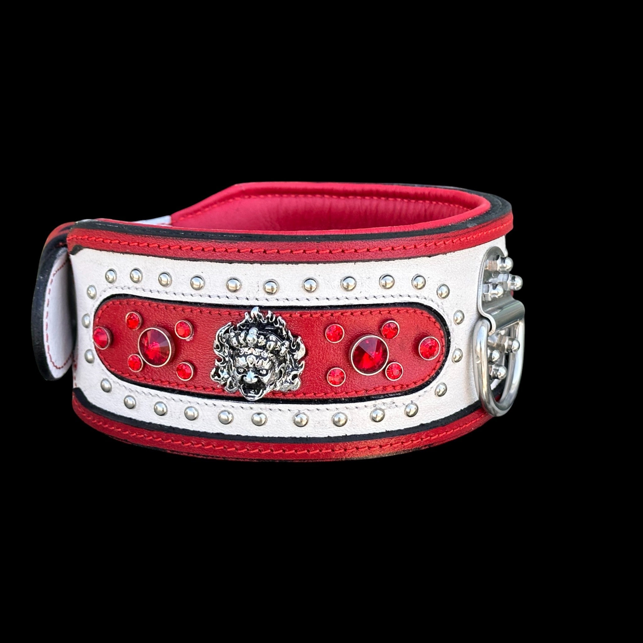 Extra Wide 3.15 Inch Handmade Dog Collar – Red & White Premium Crystal Stones - A&C Dog Collars
