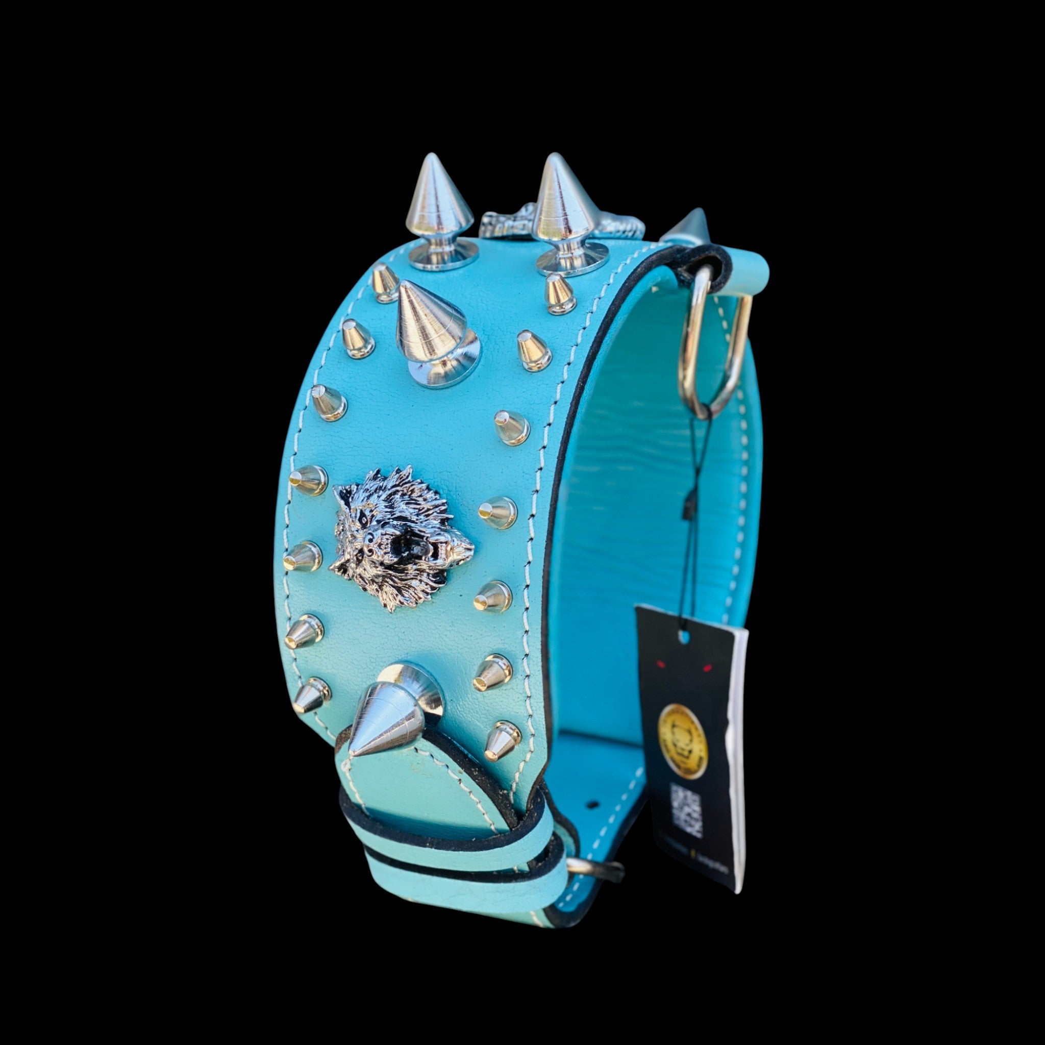 Handcrafted Turquoise Leather Dog Collar – Lion Head Design with Silver Spikes, Wide Strong Collar for Cane Corso, Rottweiler, Doberman, Kangal, American Bully - A&C Dog Collars