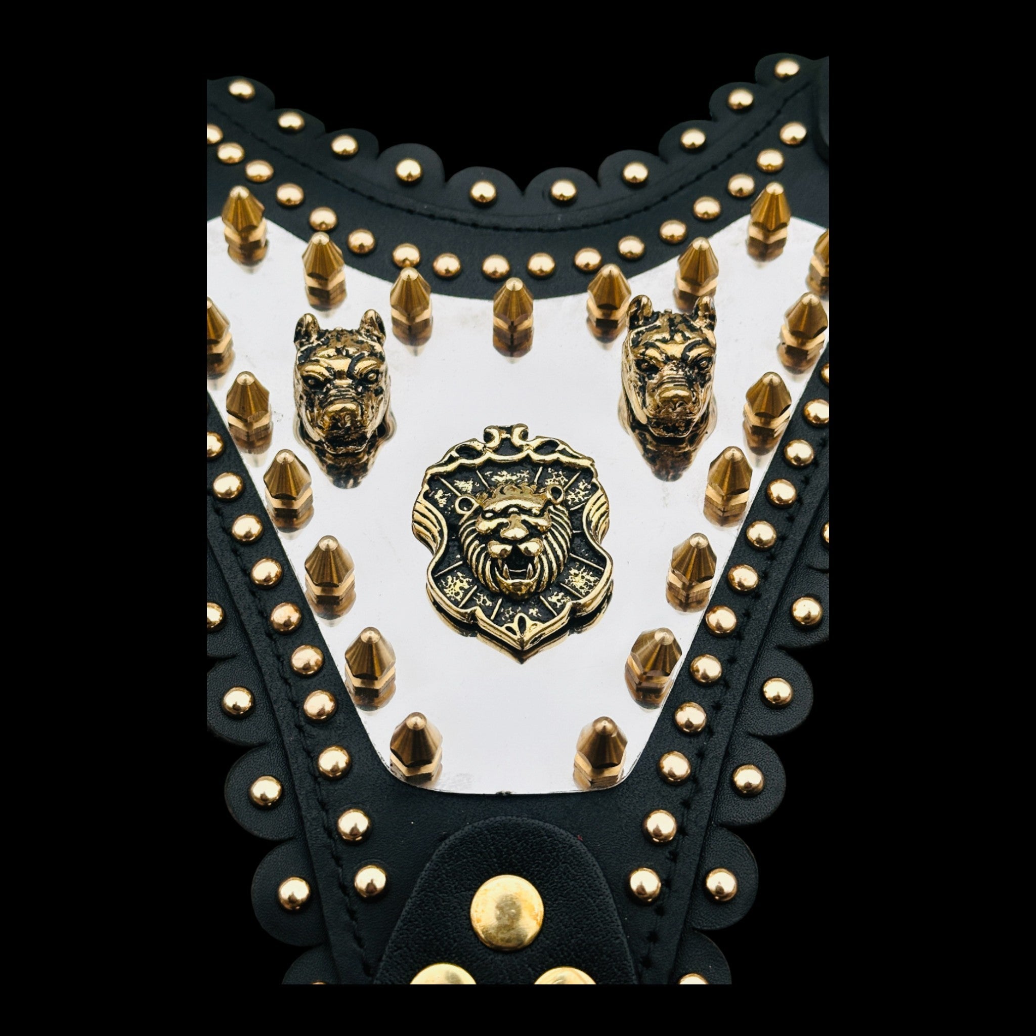 Luxury Handmade Dog Harness with Bully Head & Lion Logo – Black Leather, Gold Spikes, Heavy Duty for Large Breeds - A&C Dog Collars