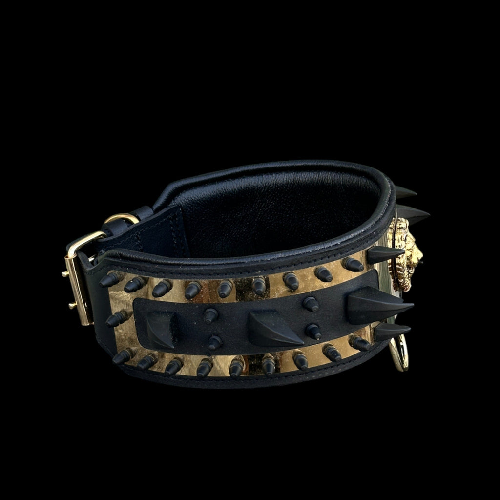 Luxury gold steel dog collar with black spikes
