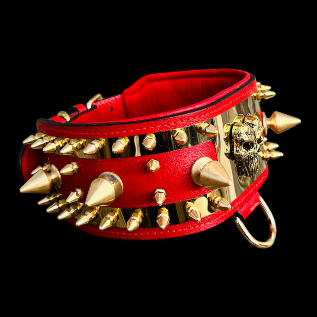 WarBringer™ Gold Edition – 3.15 inch Punisher Logo Buffalo Leather Dog Collar - A&C Dog Collars
