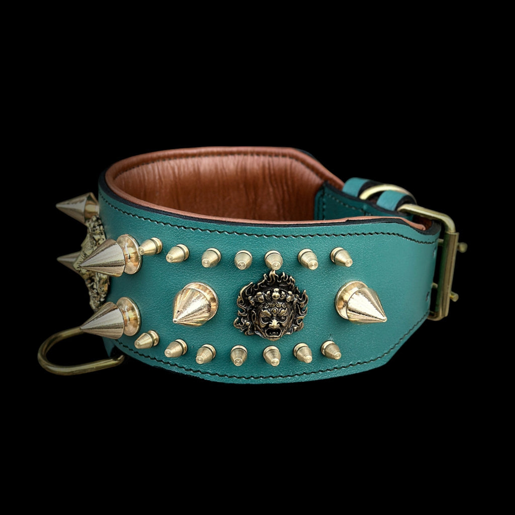Handcrafted Green Leather Dog Collar – Lion Head Design with Gold Spikes - A&C Dog Collars