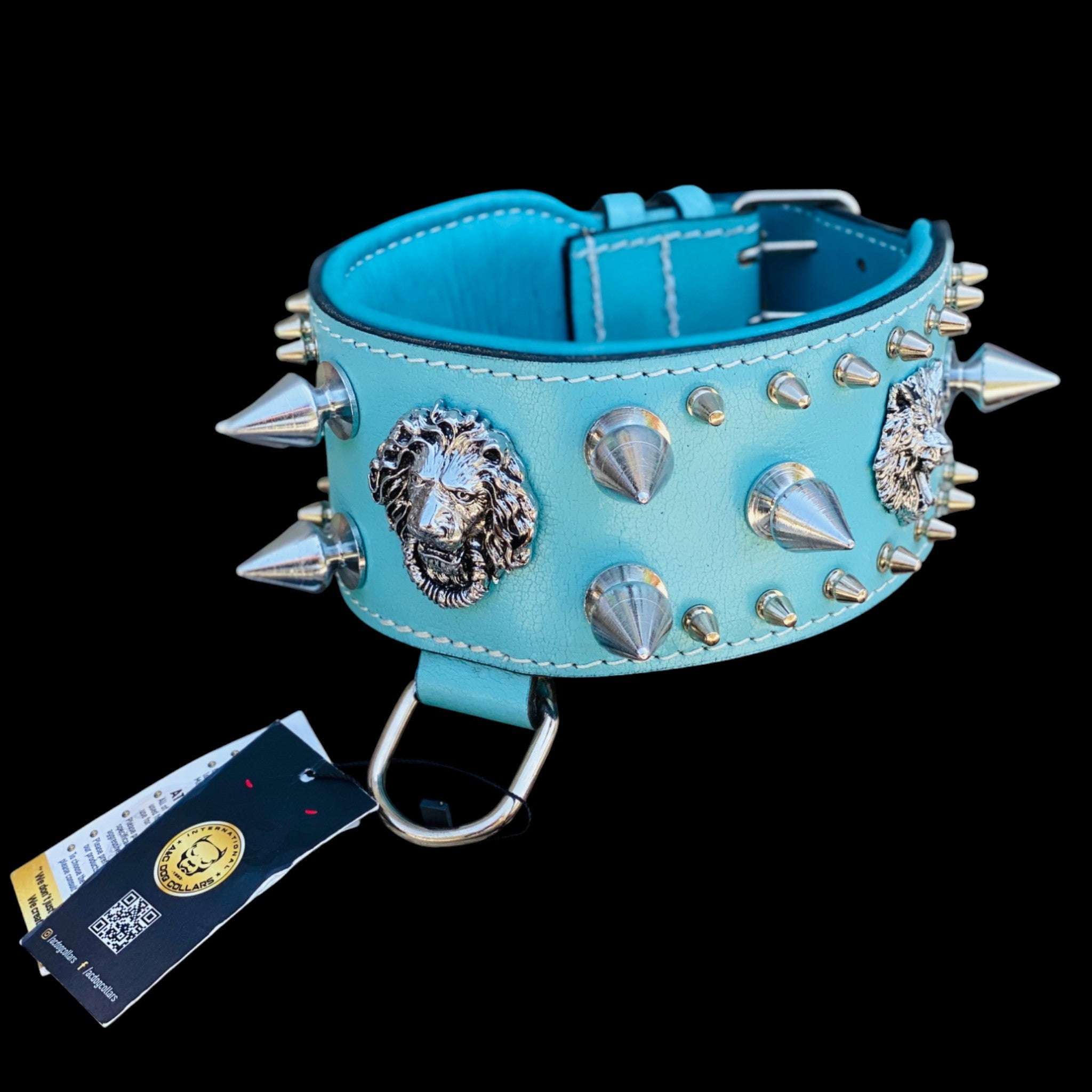 Handcrafted Turquoise Leather Dog Collar – Lion Head Design with Silver Spikes, Wide Strong Collar for Cane Corso, Rottweiler, Doberman, Kangal, American Bully - A&C Dog Collars
