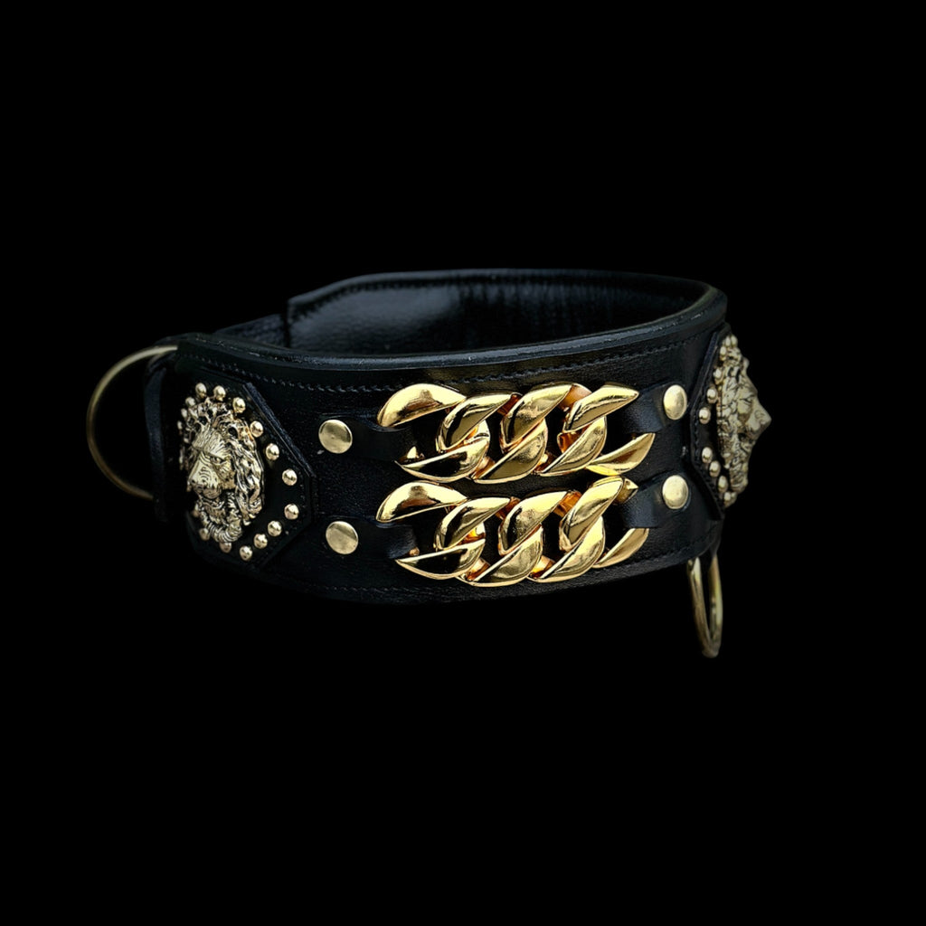 Handcrafted Black Leather Dog Collar – Lion Head Design with Gold Chains, Wide Strong Collar for Cane Corso, Rottweiler, Doberman, Kangal, American Bully - A&C Dog Collars