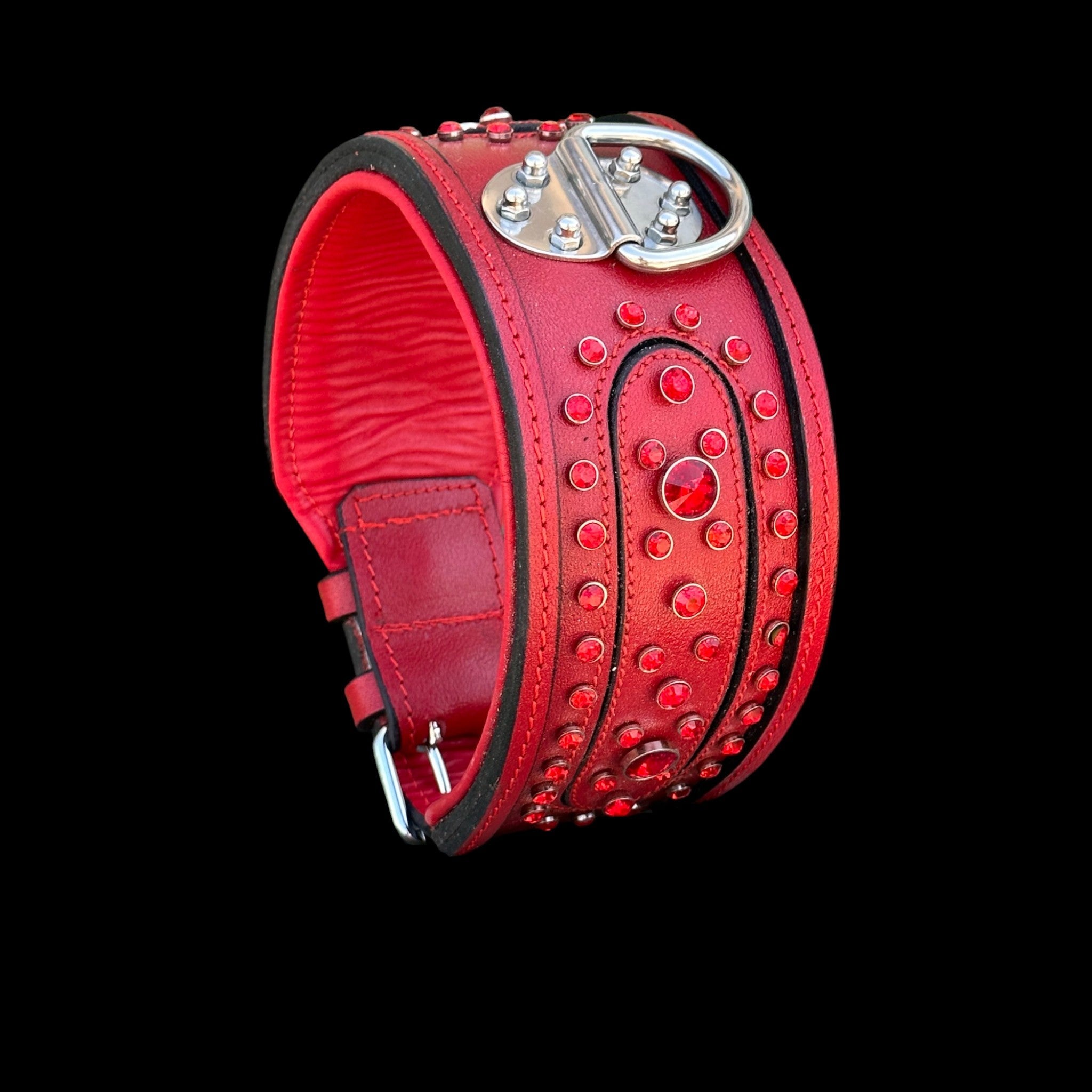 Handcrafted Red Leather Dog Collar – Wide & Thick Crystal Studded - A&C Dog Collars