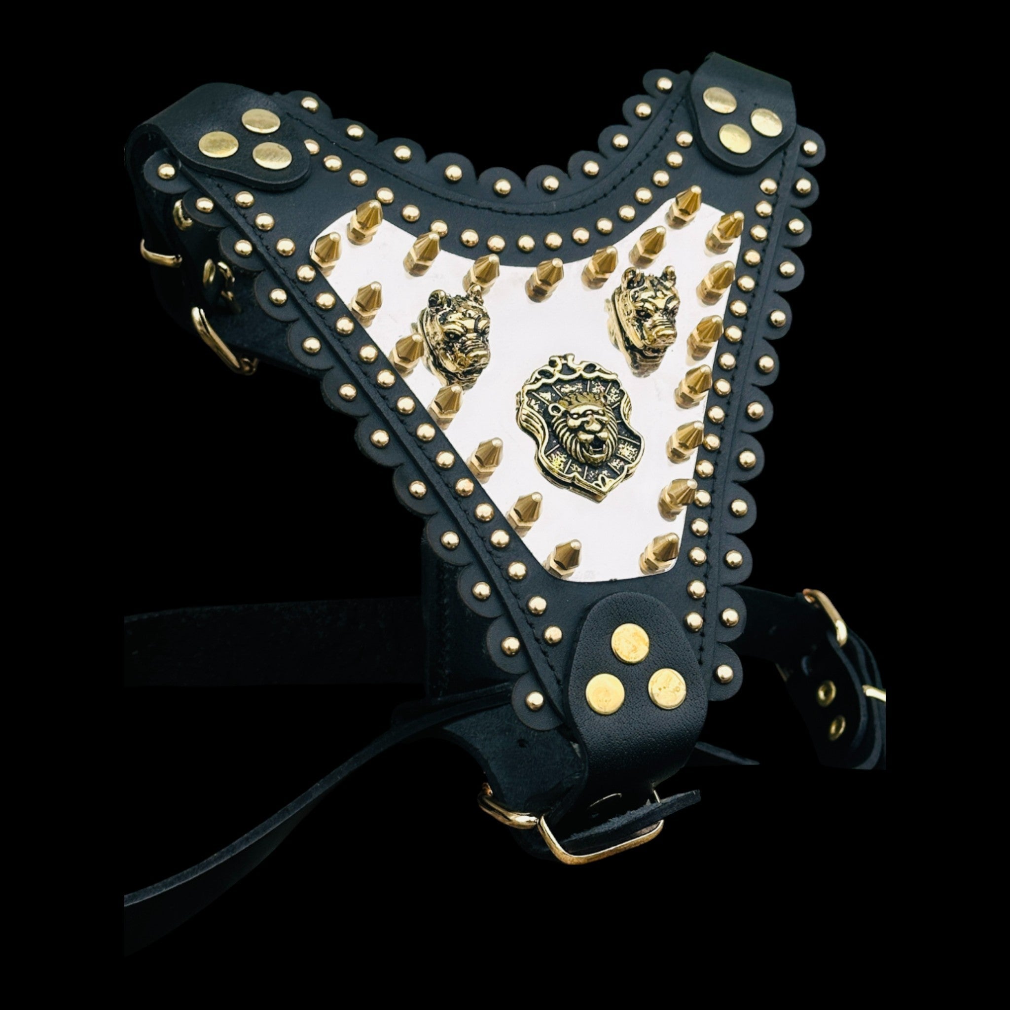Luxury Handmade Dog Harness with Bully Head & Lion Logo – Black Leather, Gold Spikes, Heavy Duty for Large Breeds - A&C Dog Collars