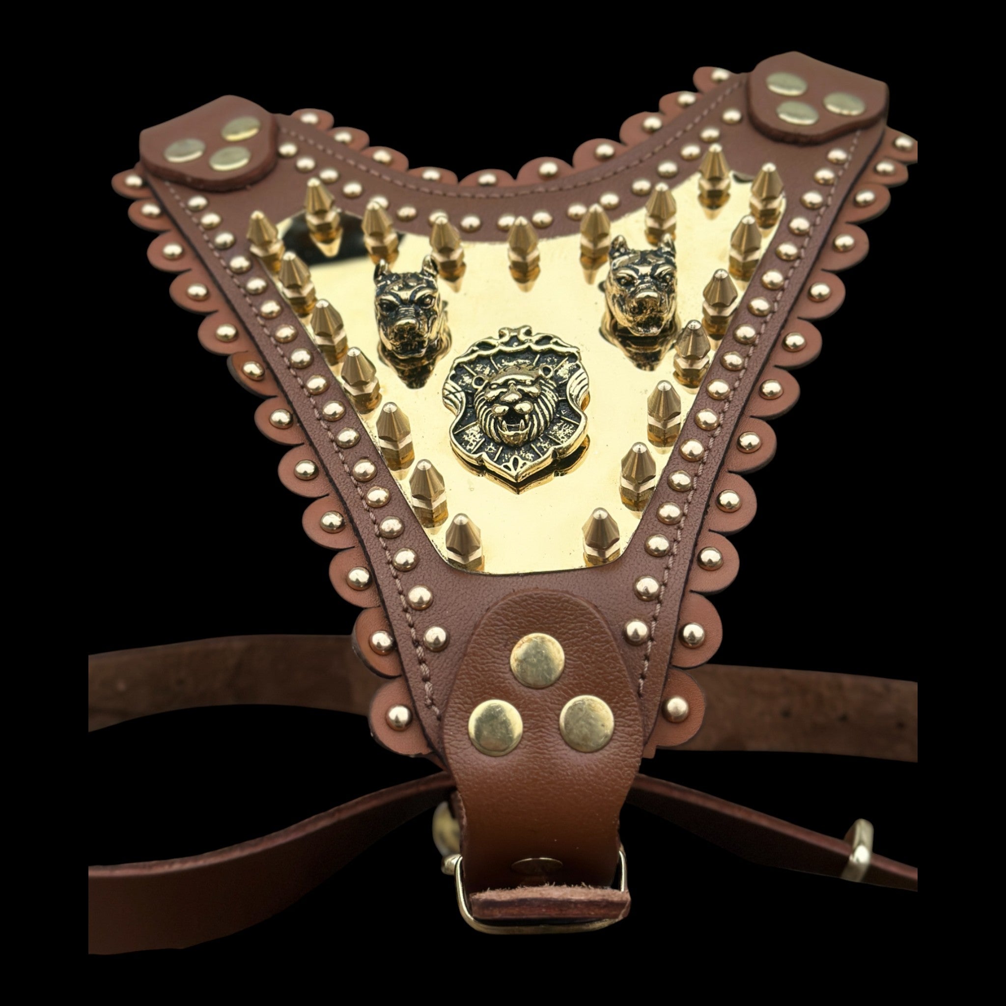 Luxury Handmade Brown Leather Dog Chest Harness with Gold Steel Plate, Bully Head & Lion Logo – Perfect for Cane Corso, Rottweiler, Kangal, Doberman, Bully, Malinois & Large Breeds - A&C Dog Collars