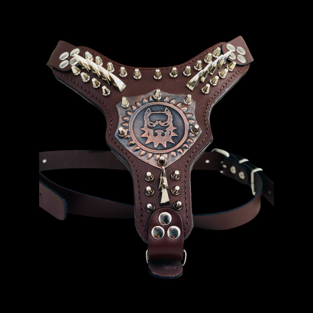 Brown leather dog harness with copper engraved logo and gold spikes