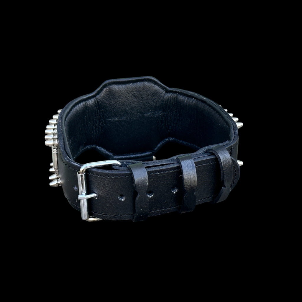 BulletBully™ Alpha Armor – Black Buffalo Leather Dog Collar with Bullet Studs & Bully Emblem - A&C Dog Collars