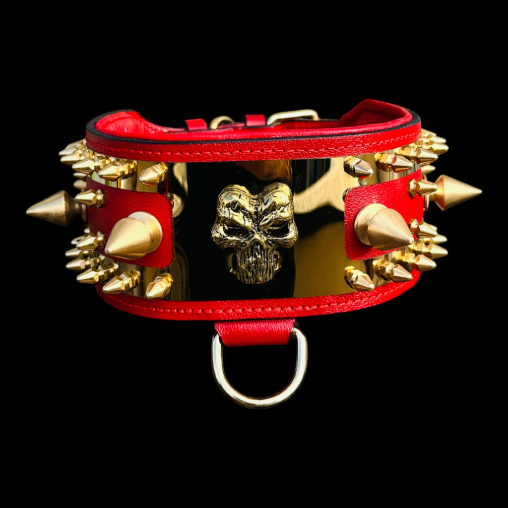 WarBringer™ Gold Edition – 3.15 inch Punisher Logo Buffalo Leather Dog Collar - A&C Dog Collars