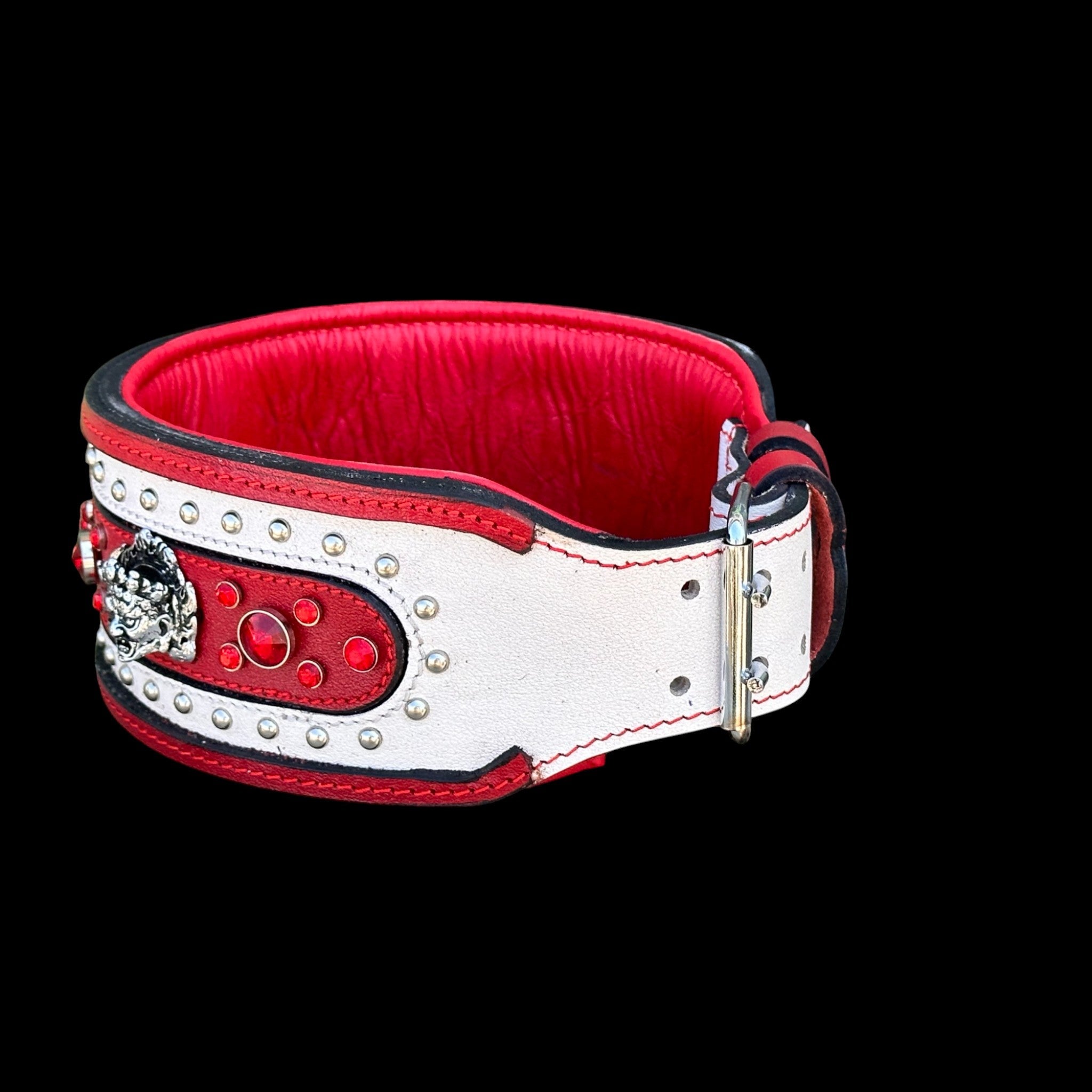 Extra Wide 3.15 Inch Handmade Dog Collar – Red & White Premium Crystal Stones - A&C Dog Collars