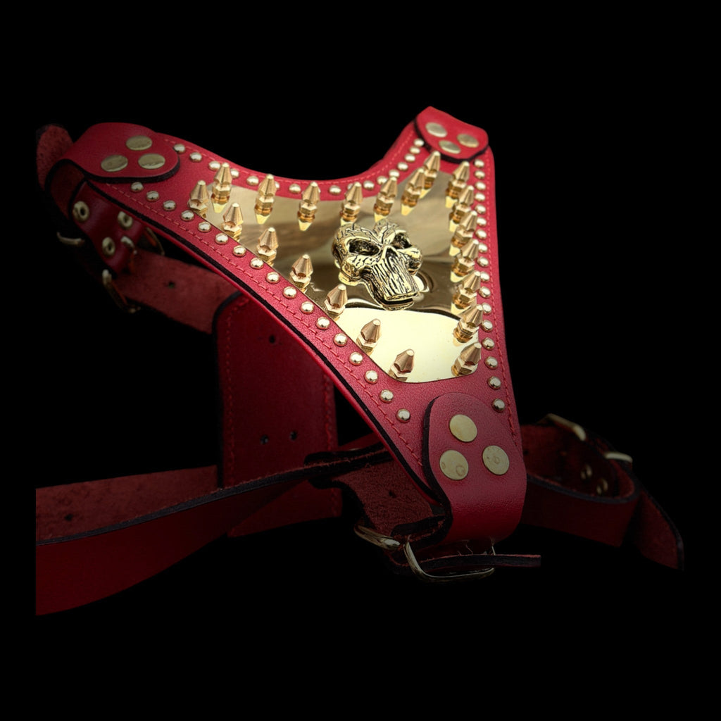 Handmade Red Leather Dog Harness with Punisher Logo - A&C Dog Collars