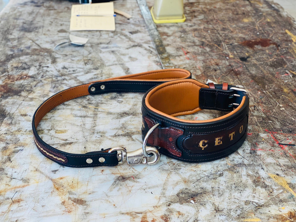 Handmade leather dog collar with engraved metal name plate from A&C Dog Collars, featuring adjustable strap and durable craftsmanship.