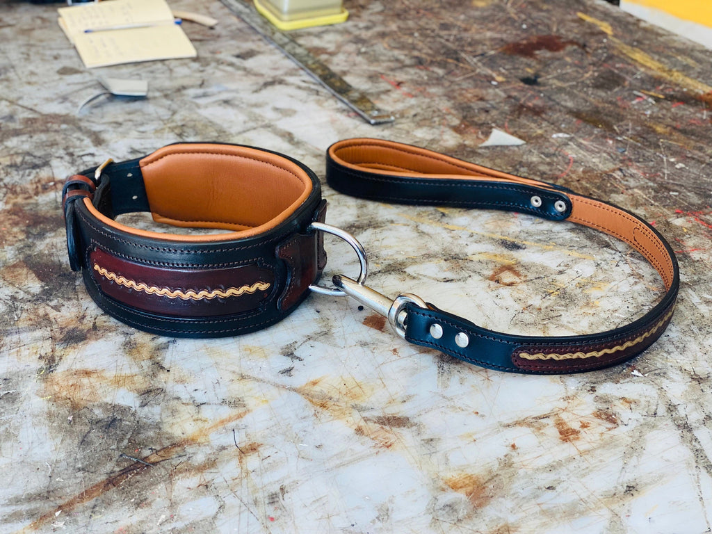 Handmade leather dog collar with custom engraved name plate, featuring durable craftsmanship and adjustable fit by A&C Dog Collars