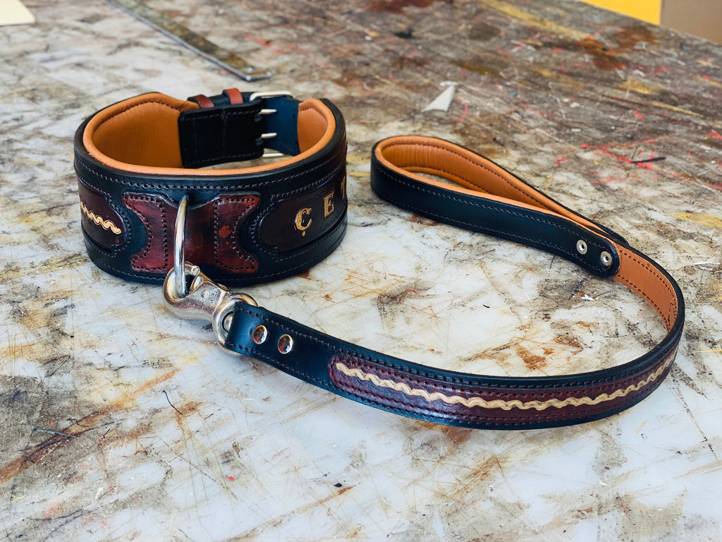 Handmade leather dog collar with custom engraved metal name plate, featuring sturdy buckle and stylish design by A&C Dog Collars.