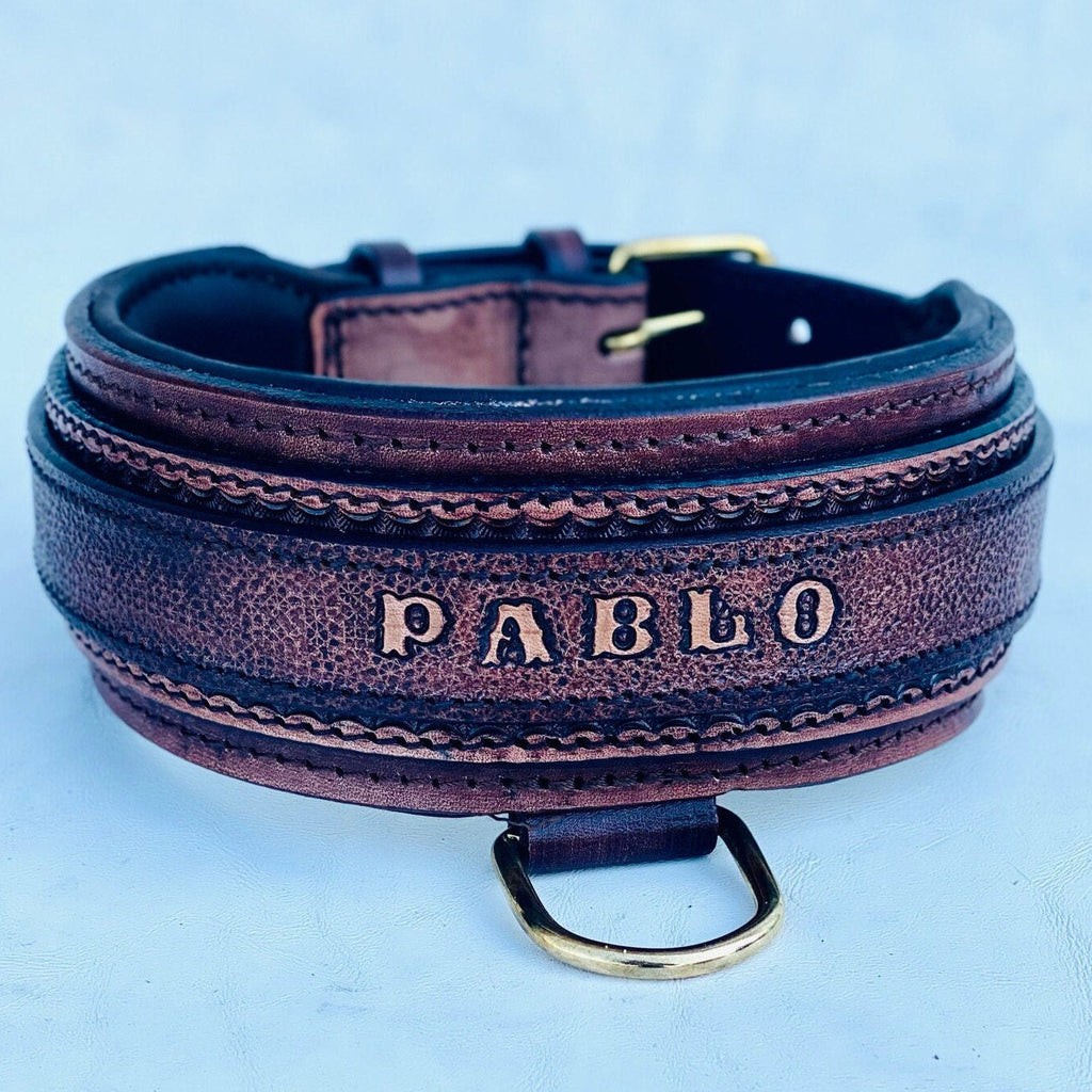 Handmade Buffalo Leather Dog Collar with Name Plate - Engraved Custom Collar - A&C Dog Collars
