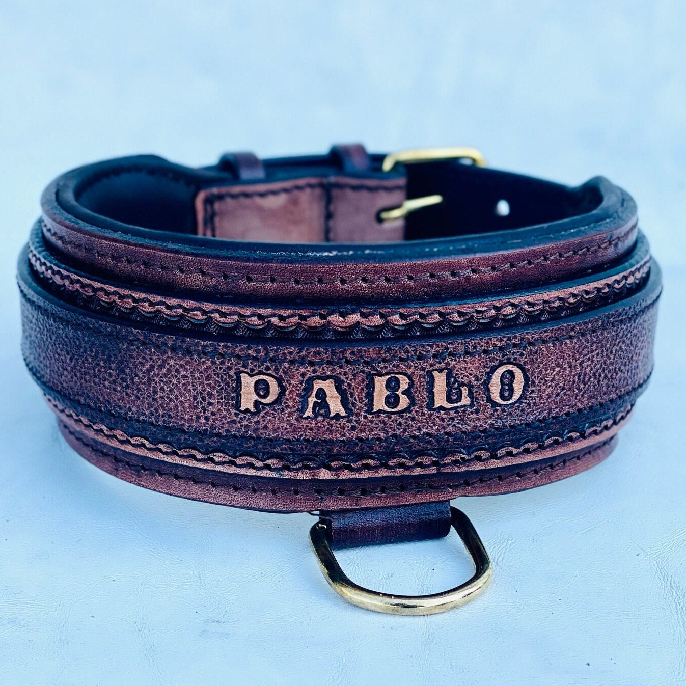 Handmade Buffalo Leather Dog Collar with Name Plate - Engraved Custom Collar - A&C Dog Collars