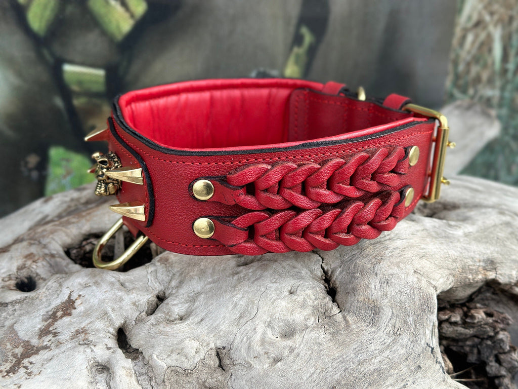 Handmade buffalo leather dog collar with custom engraved name plate, featuring sturdy leather and polished metal hardware.