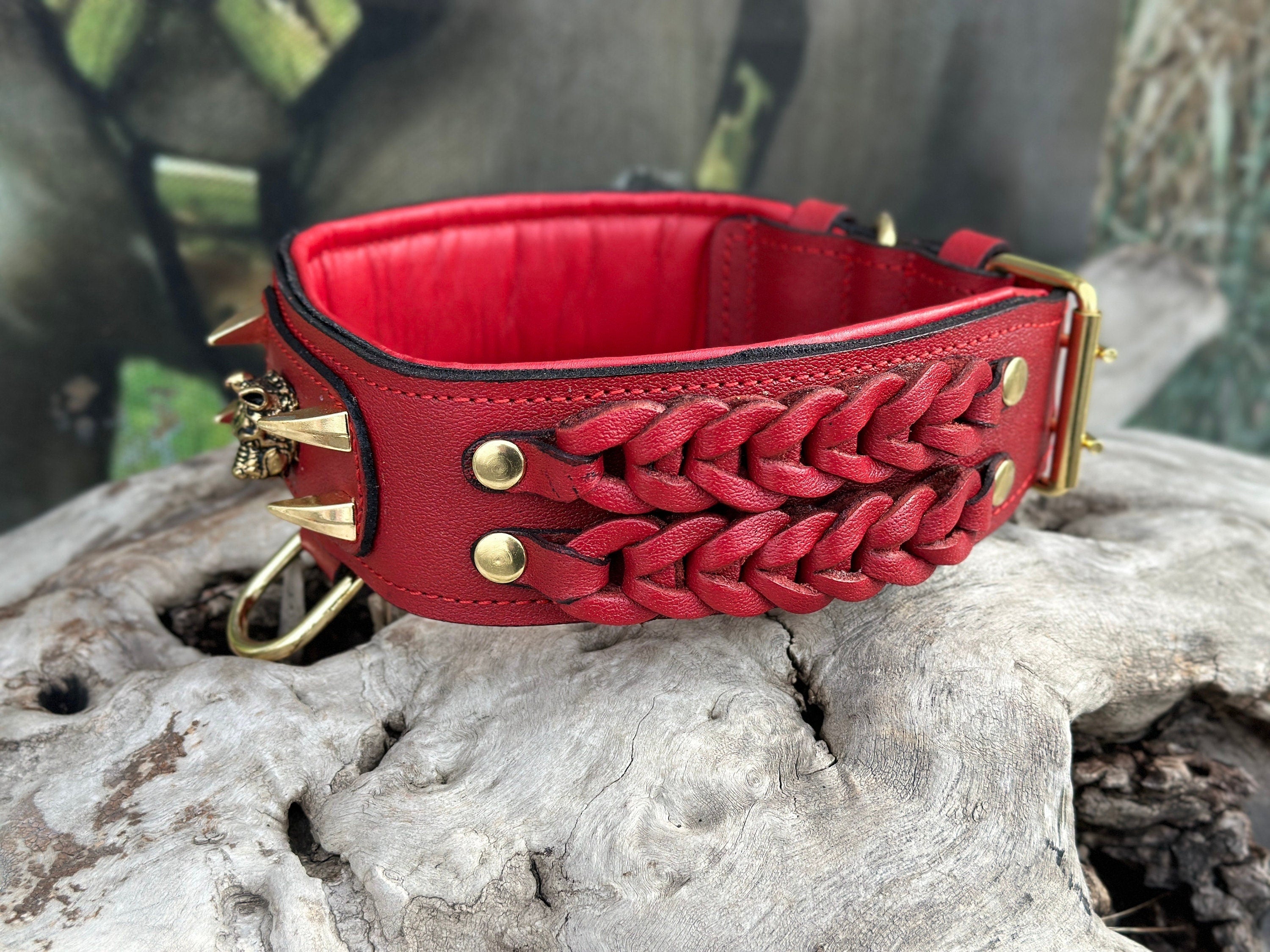 Handmade buffalo leather dog collar with custom engraved name plate, featuring sturdy leather and polished metal hardware.