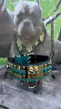 Handmade leather dog collar with personalized engraved name plate by A&C Dog Collars, featuring a sturdy buckle and adjustable strap.