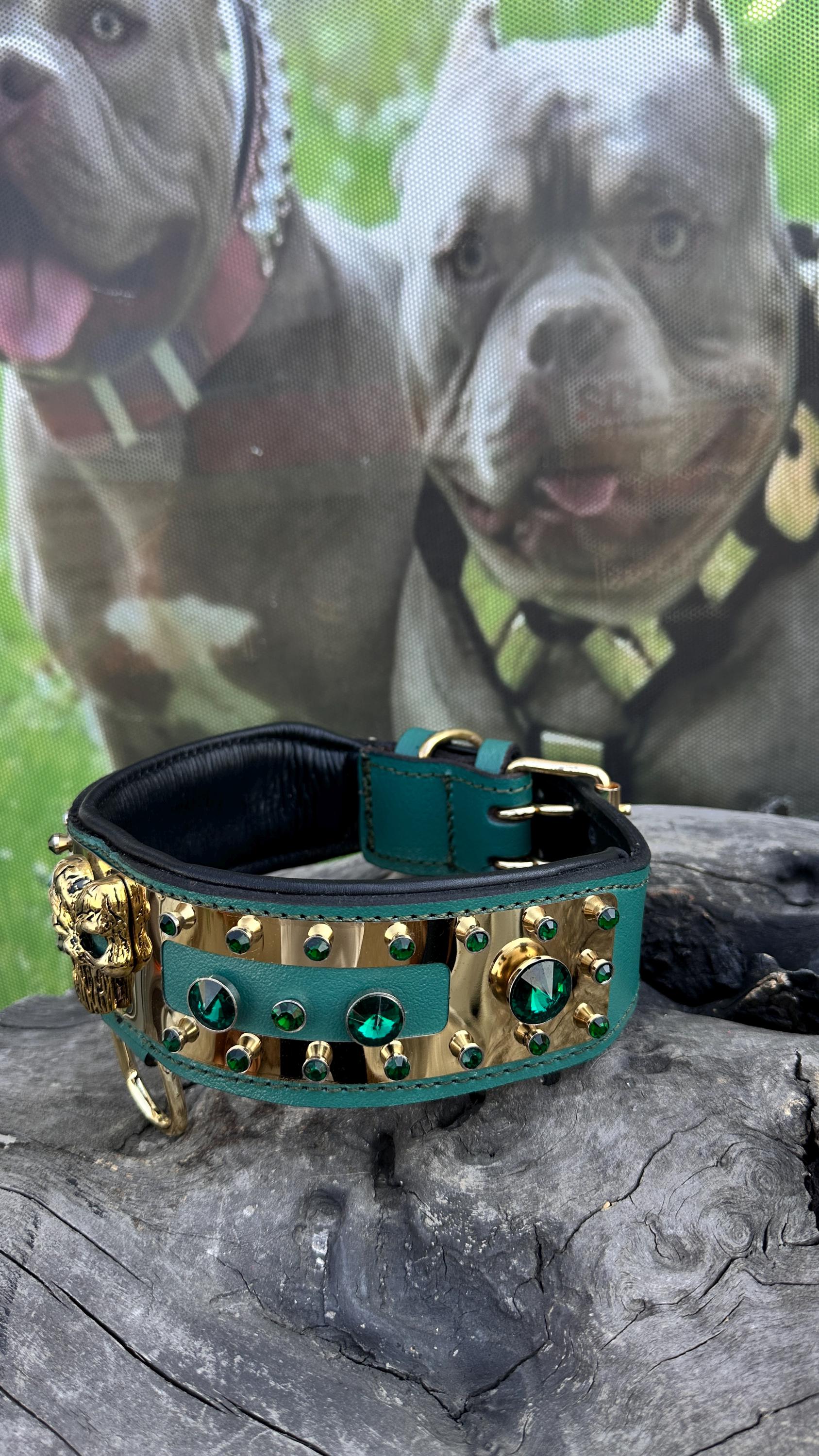 Handmade leather dog collar with engraved personalized name plate, crafted by A&C Dog Collars, featuring a secure buckle and stylish design.