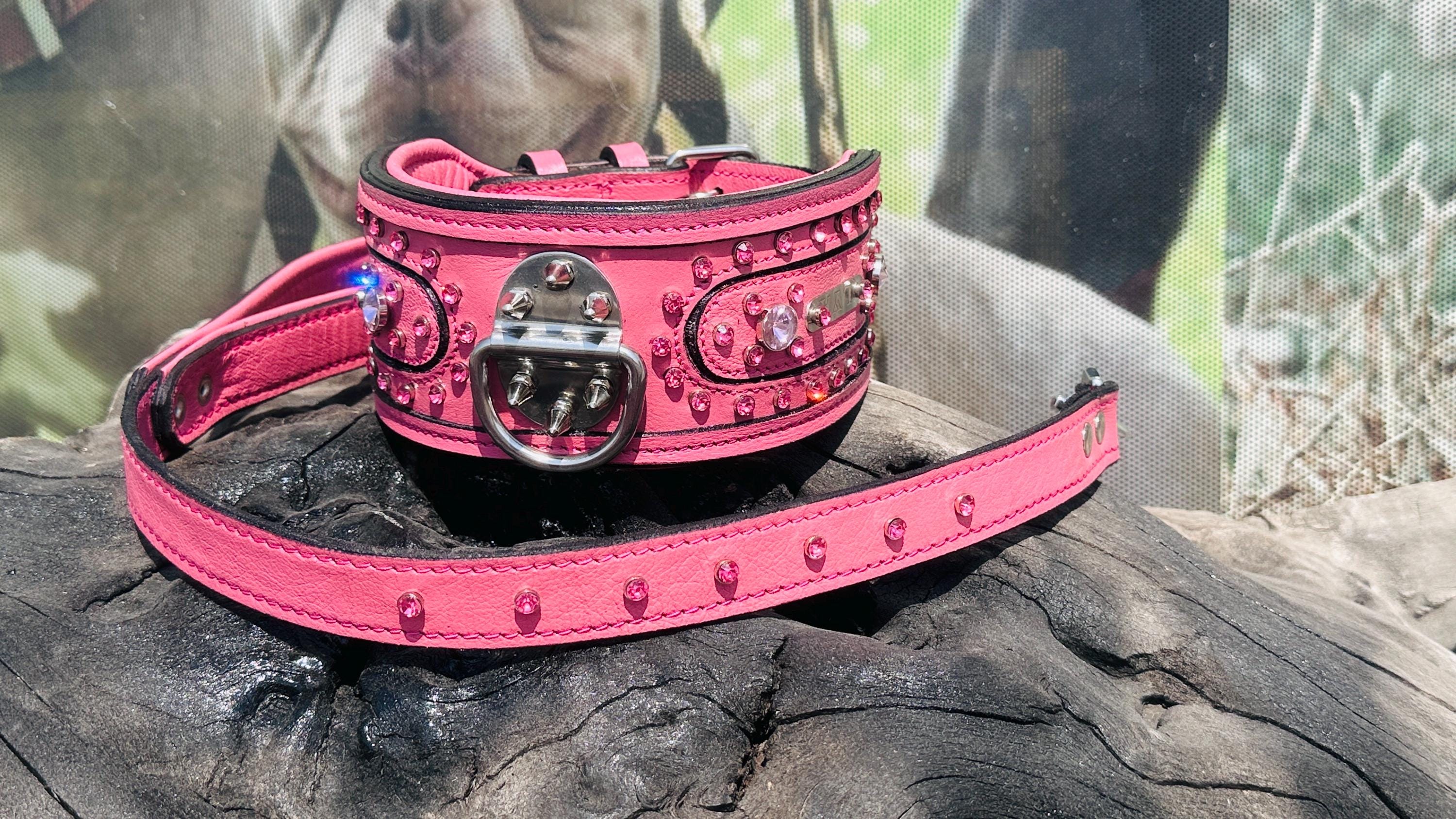 Handmade pink leather dog collar and leash set with crystal studs and space for custom name from A&C Dog Collars