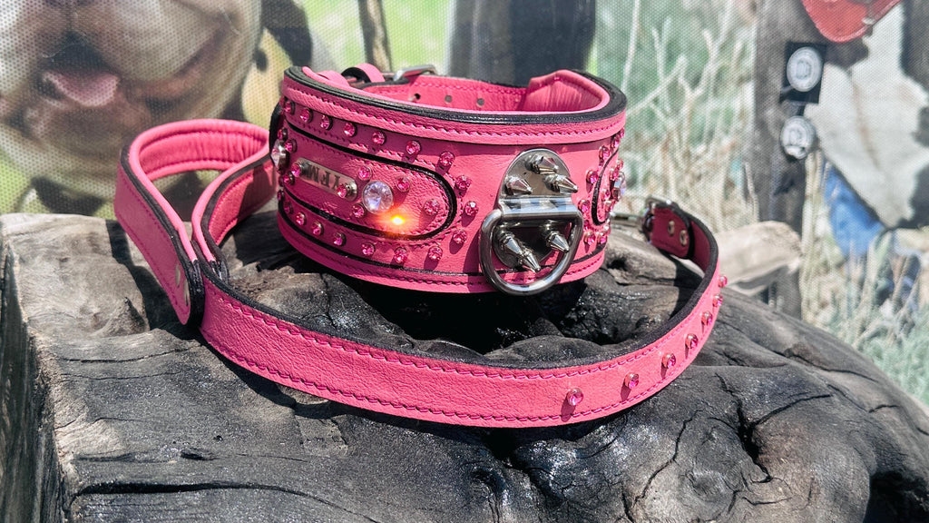 Handmade pink leather dog collar and leash set with crystal studs and custom name tag from A&C Dog Collars.
