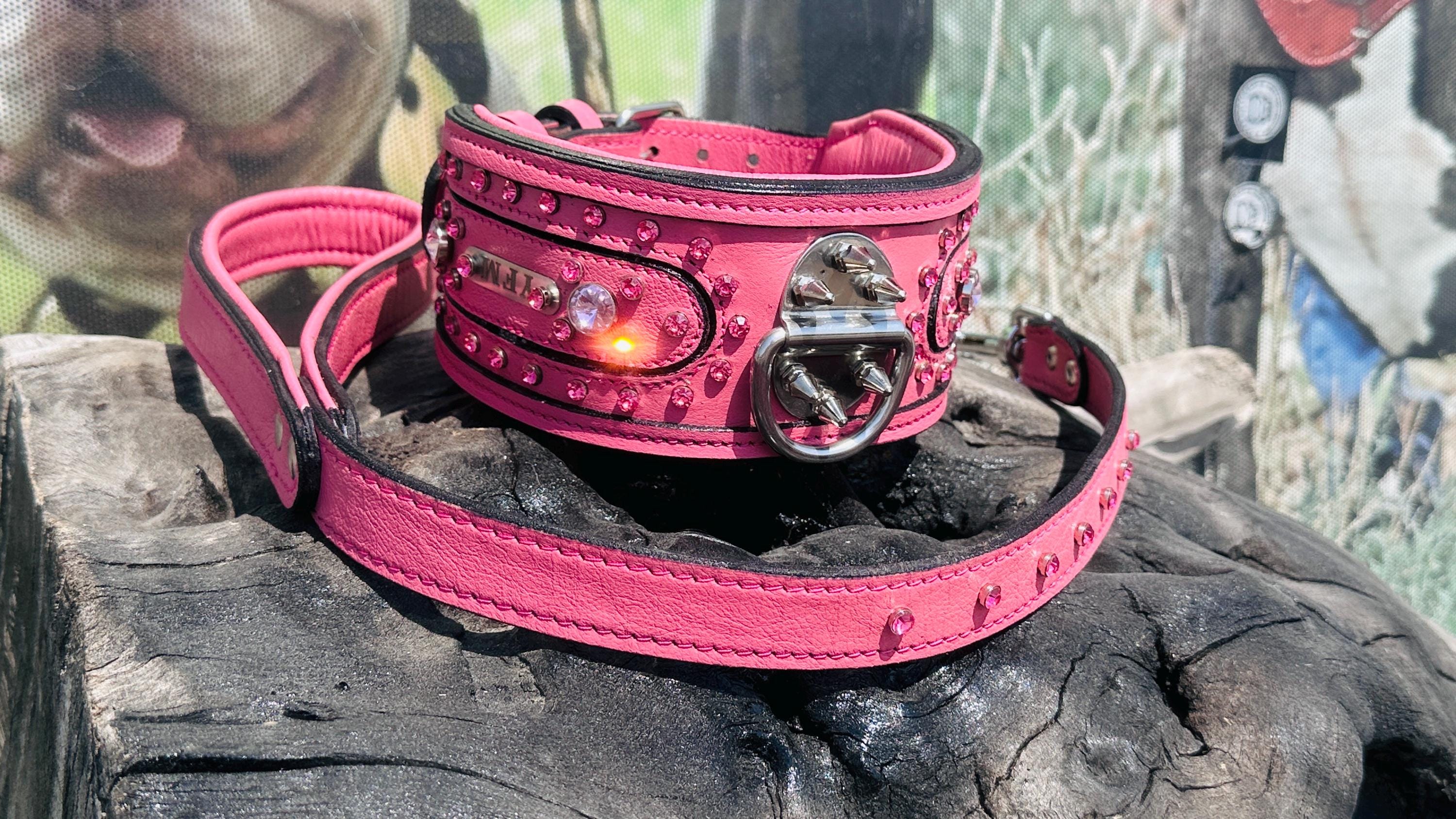 Handmade pink leather dog collar and leash set with crystal studs and custom name tag from A&C Dog Collars.