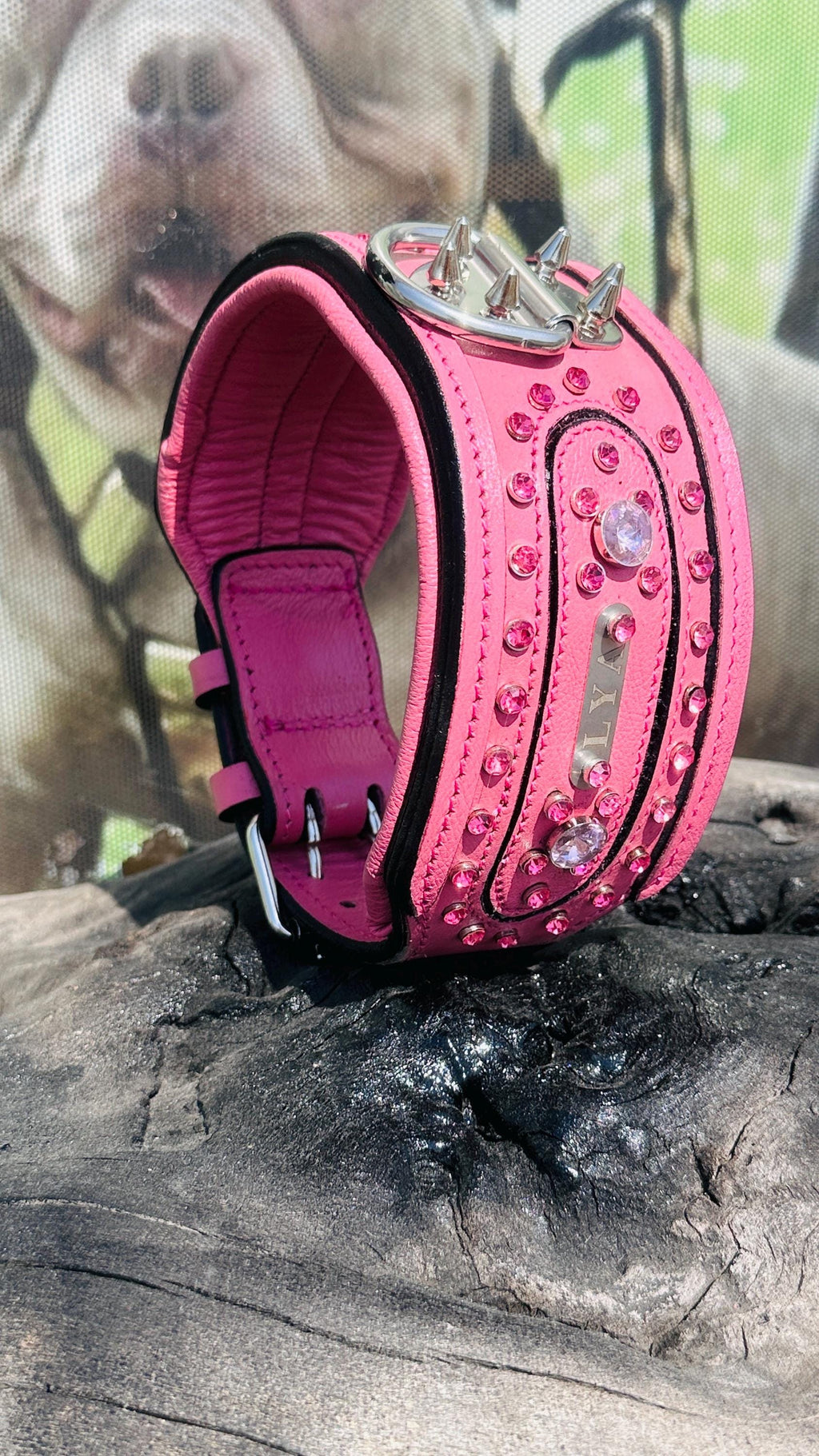 Handmade pink leather dog collar and leash set with crystal studs and customizable name tag, by A&C Dog Collars.