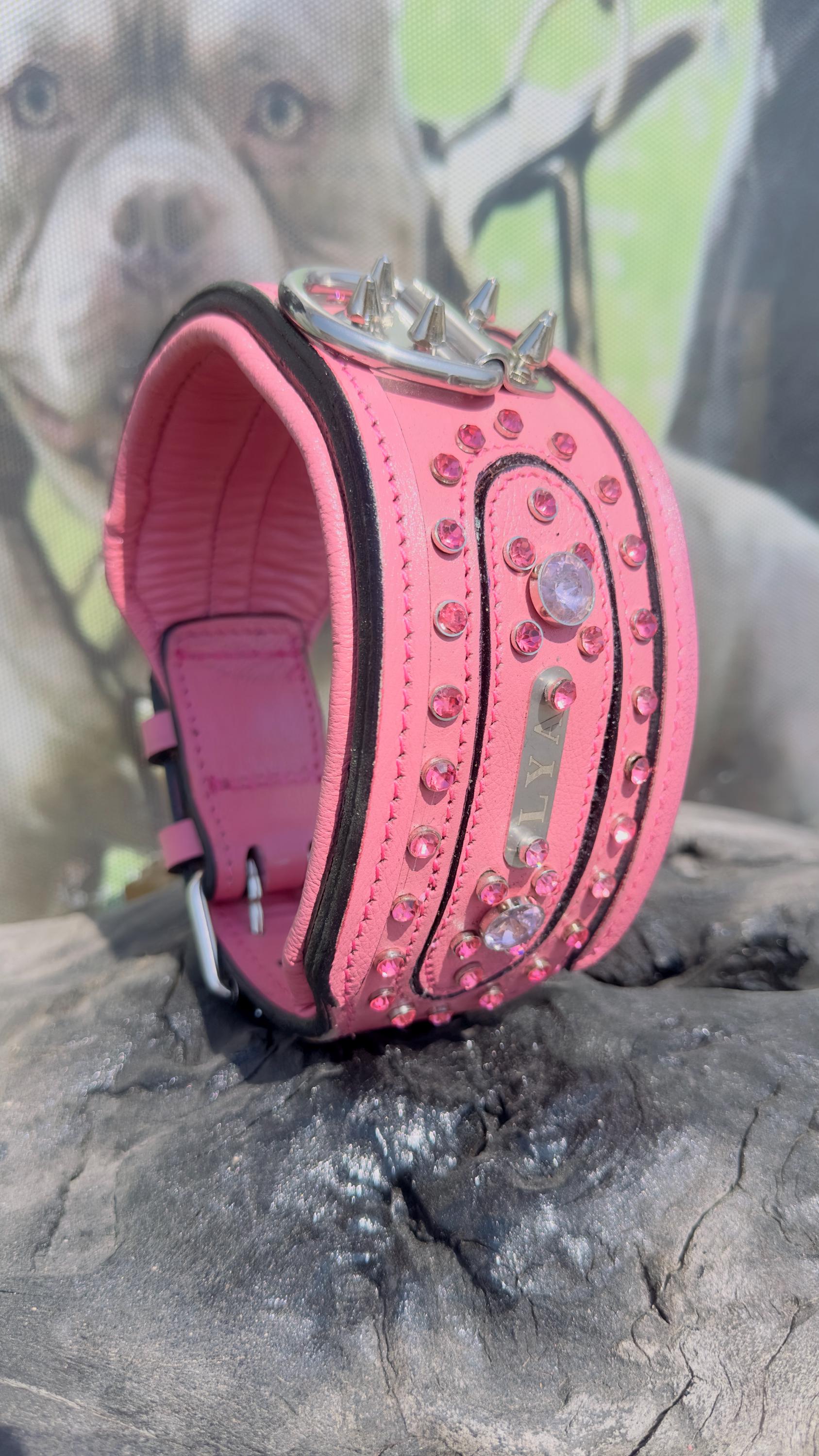 Handmade pink leather dog collar and leash set with crystal studs and customizable name tag from A&C Dog Collars.