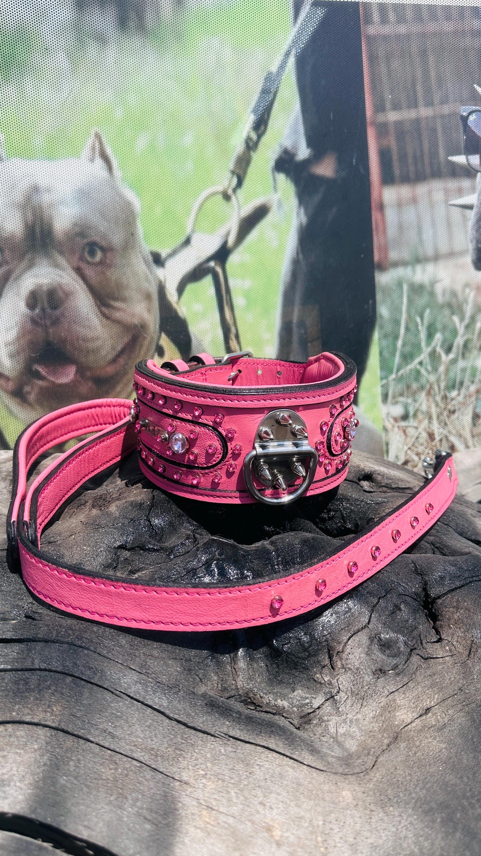Handmade pink leather dog collar and leash set with crystal studs and custom name tag from A&C Dog Collars.