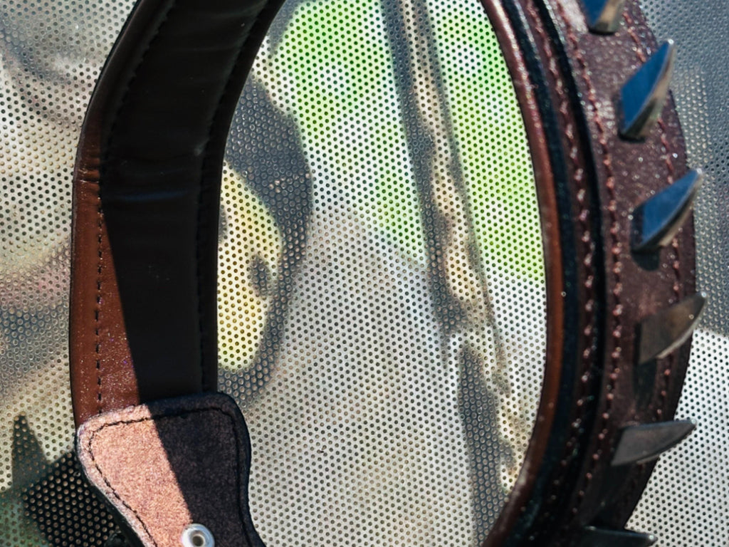 Handmade brown leather dog collar with spikes and lion head emblem by A&C Dog Collars, showcasing durable leather and bold design.
