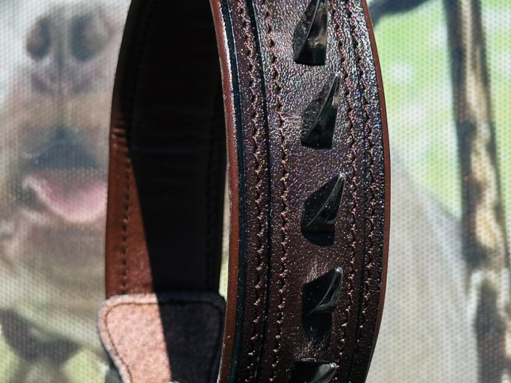 Handmade brown leather dog collar with spikes and lion head emblem by A&C Dog Collars, showing the detailed design and sturdy buckle.