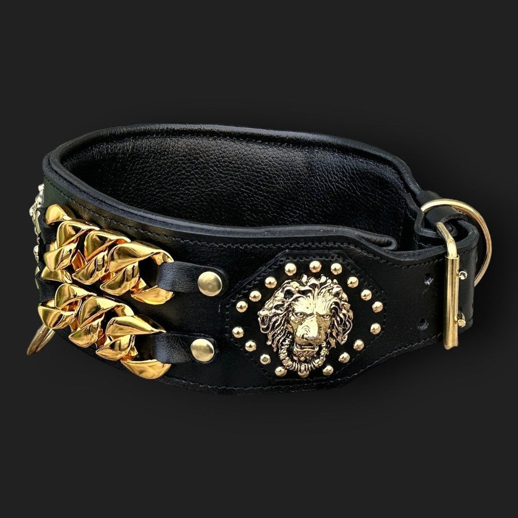 Handmade Wide Buffalo Leather Dog Collar: Gold Lion, Chain Detail - A&C Dog Collars