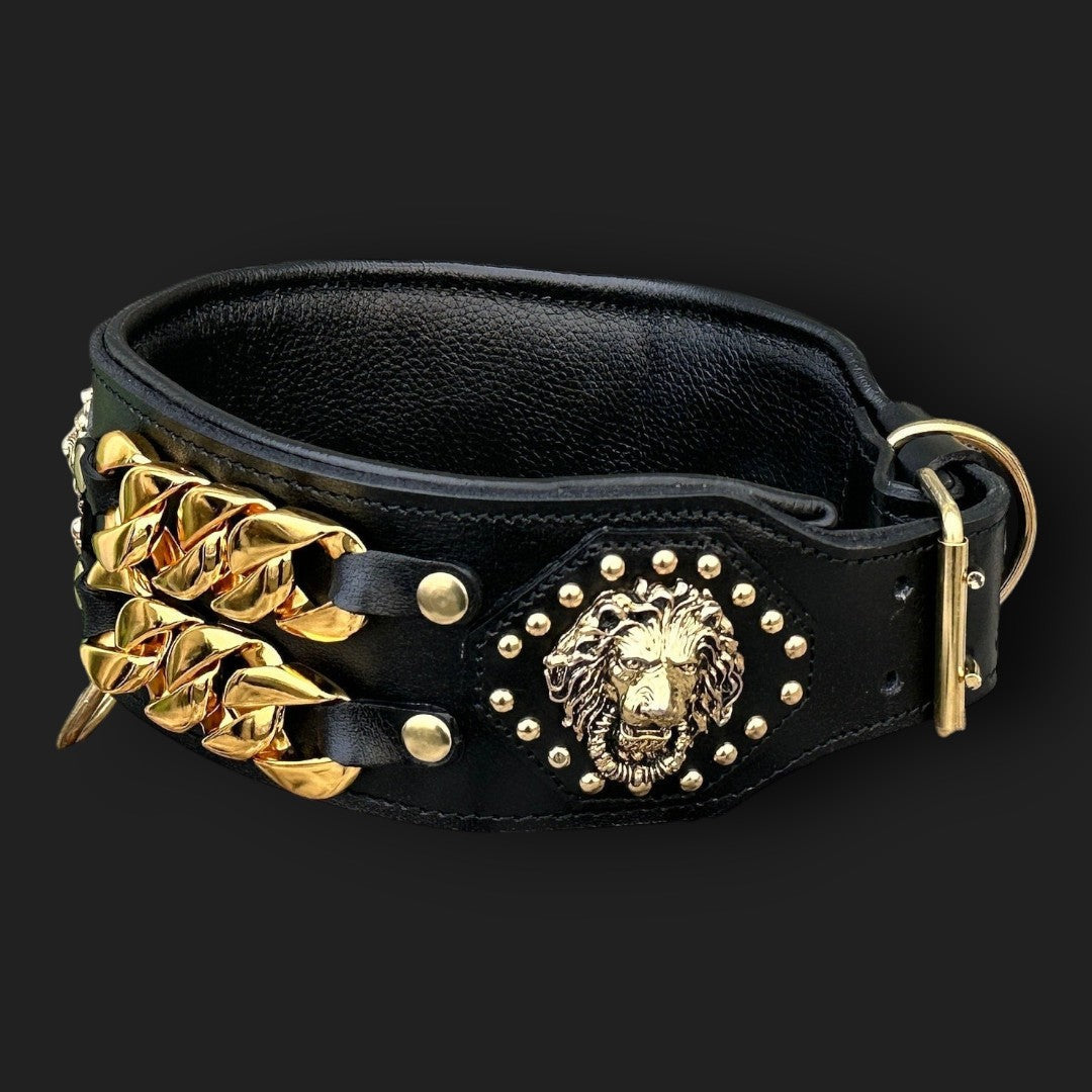 Handmade Wide Buffalo Leather Dog Collar: Gold Lion, Chain Detail - A&C Dog Collars