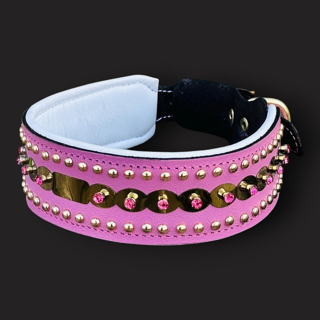 Handmade green leather dog collar with crystal studs for medium breeds, stylish and durable, by A&C Dog Collars.