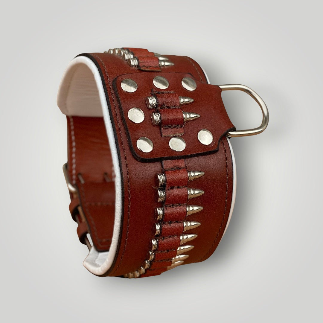 Handmade buffalo leather dog collar with personalized engraved name plate, featuring sturdy buckle and high-quality craftsmanship by A&C Dog Collars.