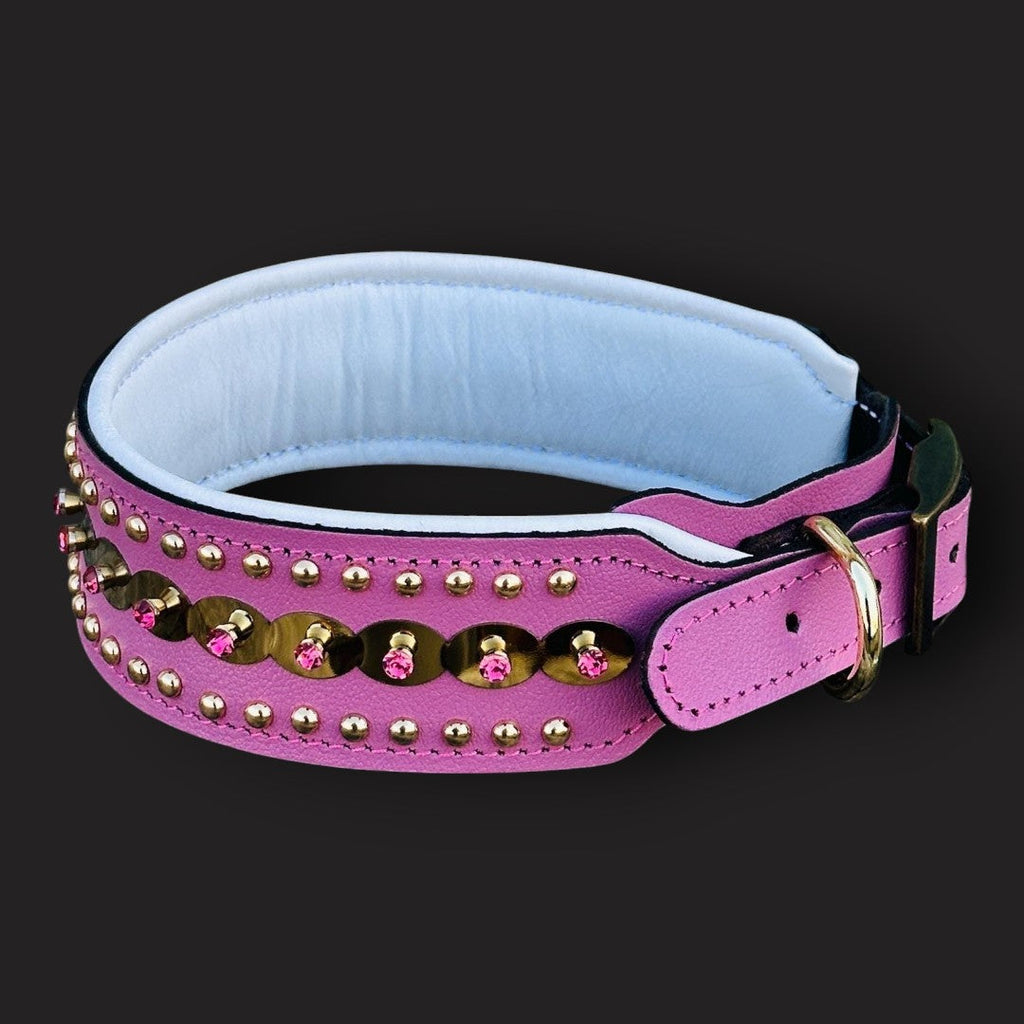 Handmade green leather dog collar with crystal studs for medium breeds, stylish and durable from A&C Dog Collars.