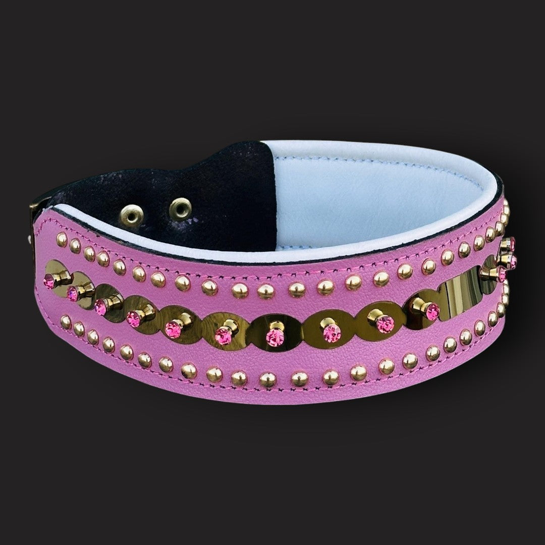Handmade green leather dog collar with crystal studs for medium breeds, stylish and durable, by A&C Dog Collars.