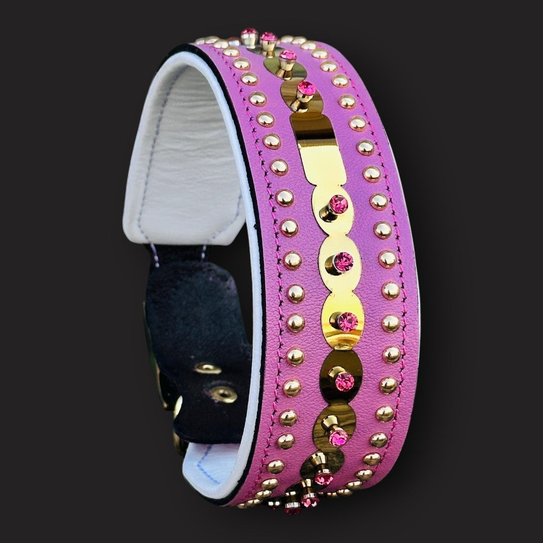Handmade green leather dog collar with crystal studs for medium breeds, featuring stylish and durable design by A&C Dog Collars.