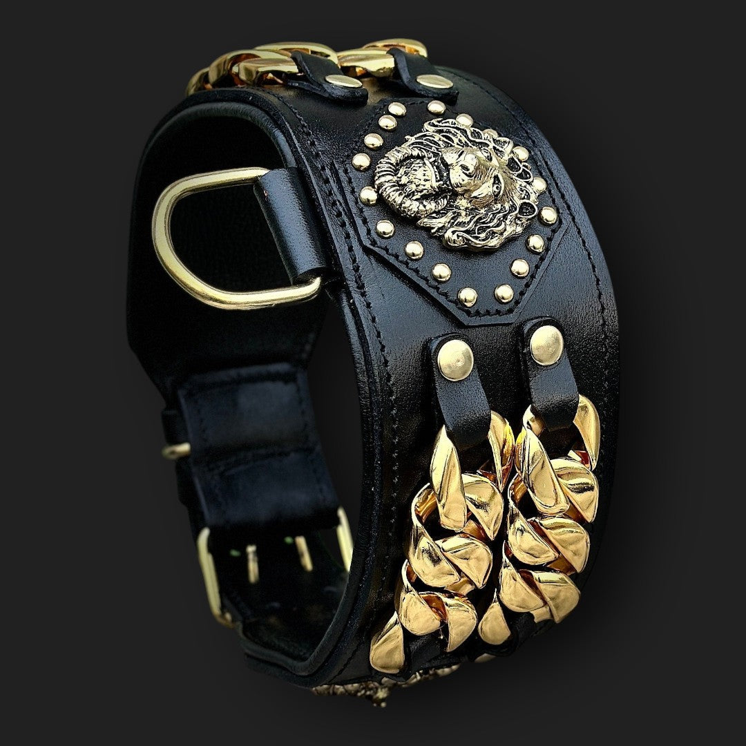 Handmade Wide Buffalo Leather Dog Collar: Gold Lion, Chain Detail - A&C Dog Collars