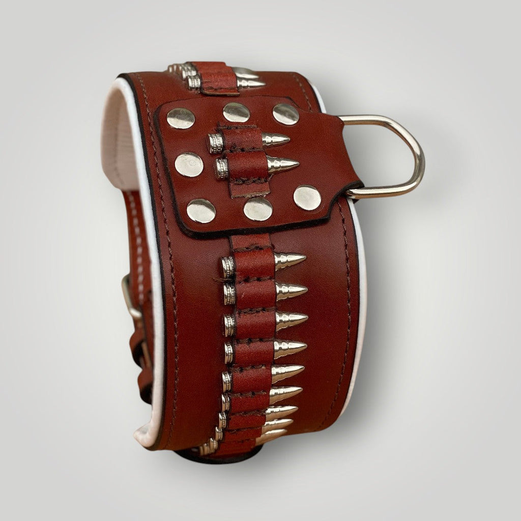 Handmade buffalo leather dog collar with personalized engraved name plate from A&C Dog Collars, featuring sturdy leather and polished hardware.