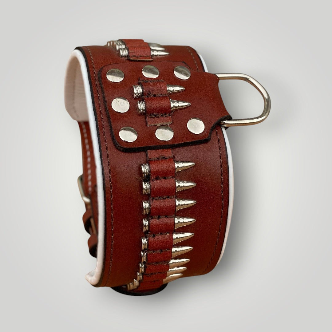 Handmade buffalo leather dog collar with personalized engraved name plate from A&C Dog Collars, featuring sturdy leather and polished hardware.