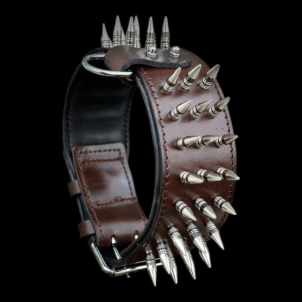 Handmade buffalo leather dog harness and personalized spiked collar set with leash by A&C Dog Collars, showcasing durable, stylish pet accessories.
