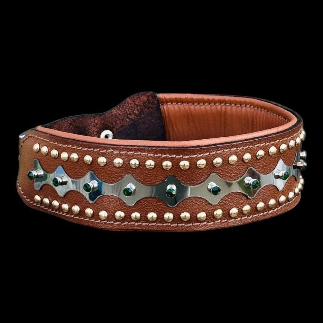 Handcrafted leather dog collar by A&C Dog Collars with sparkling crystals, featuring elegant design and durable construction.