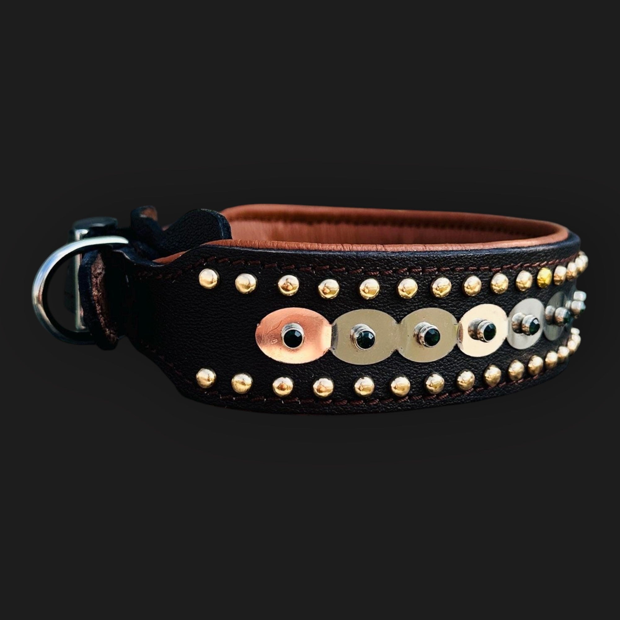 Laser engraved leather dog collar from A&C Dog Collars, handmade strong collar suitable for large breed dogs, featuring detailed design.