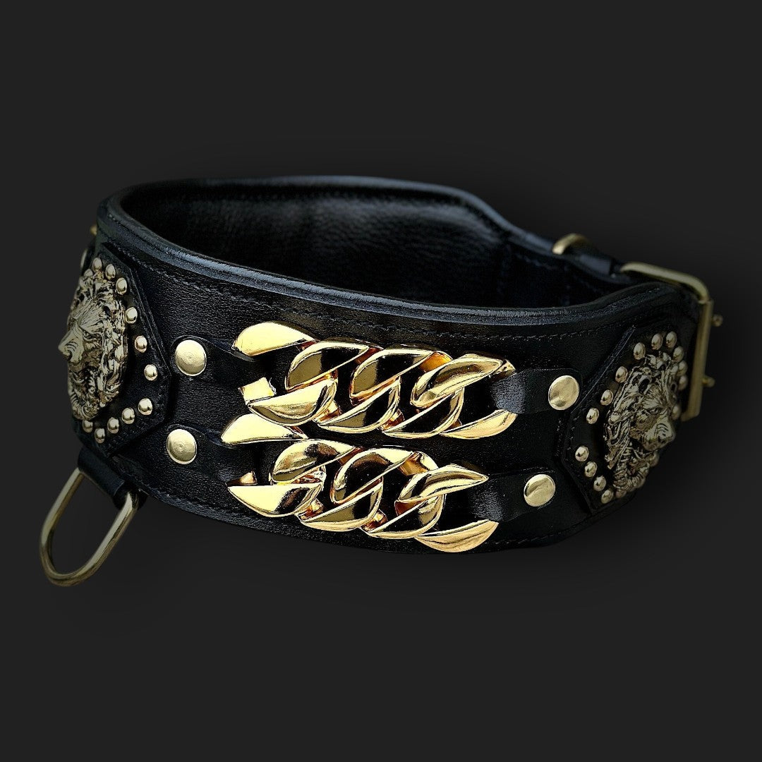 Handmade Wide Buffalo Leather Dog Collar: Gold Lion, Chain Detail - A&C Dog Collars